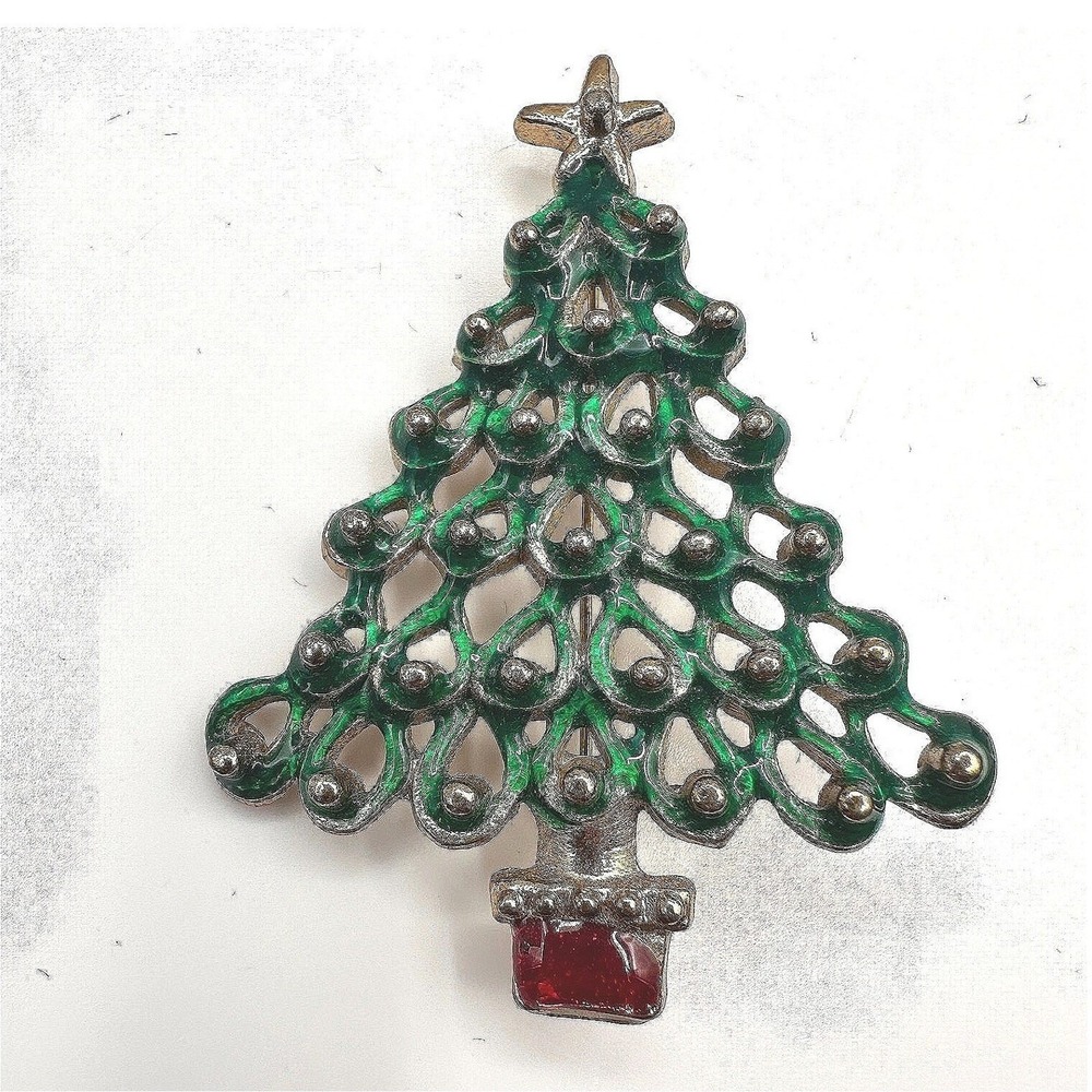 Vintage 90s Y2K Christmas Tree Brooch Pin Green Enamel Gold Tone Classic Jewelry